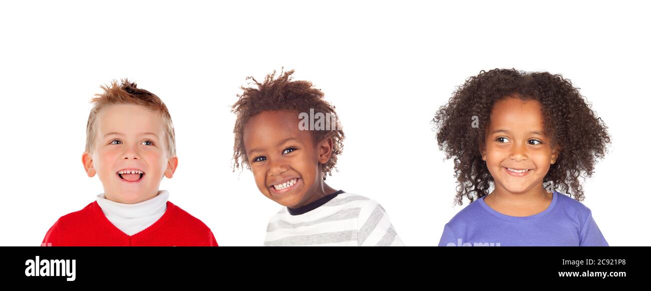 Three different children looking at camera isolated on a white background Stock Photo