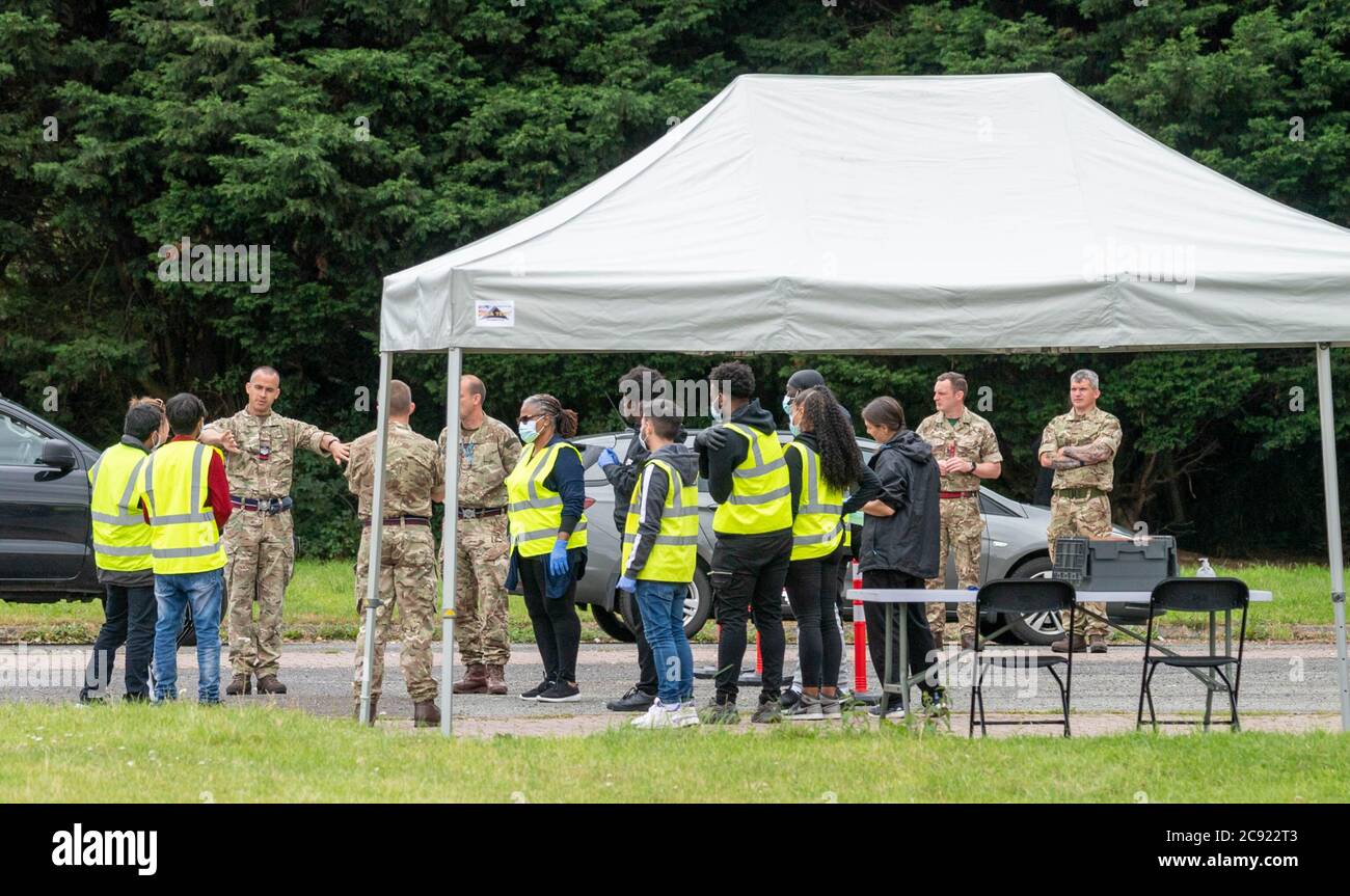 Brentwood Essex 28th July 2020 An Army staffed mobile Covid-19 Testing centre in the car park of the Brentwood Leisure Centre, Brentwood Essex. Credit: Ian Davidson/Alamy Live News Stock Photo