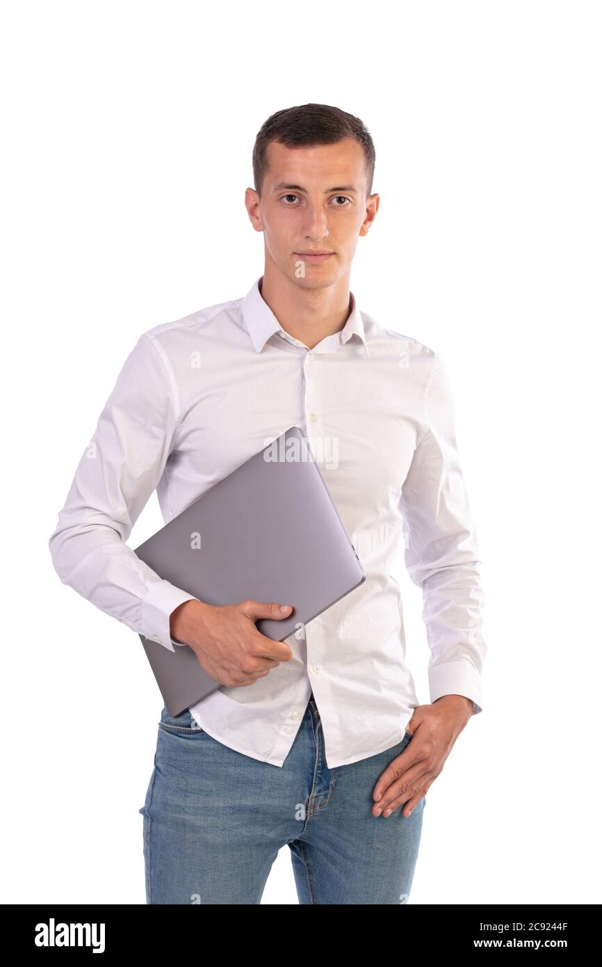 young man working with a computer on a white background Stock Photo