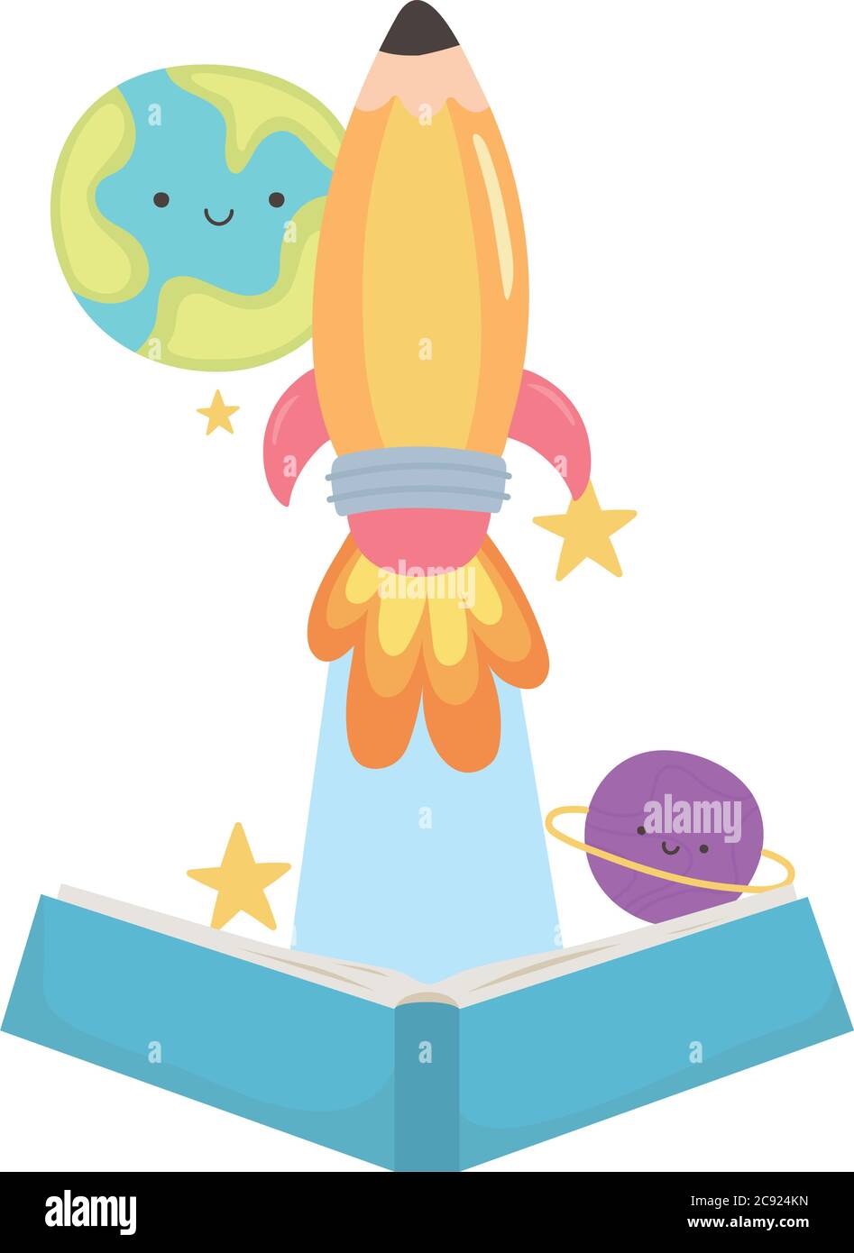back to school, open book flying rocket and planets education cartoon ...