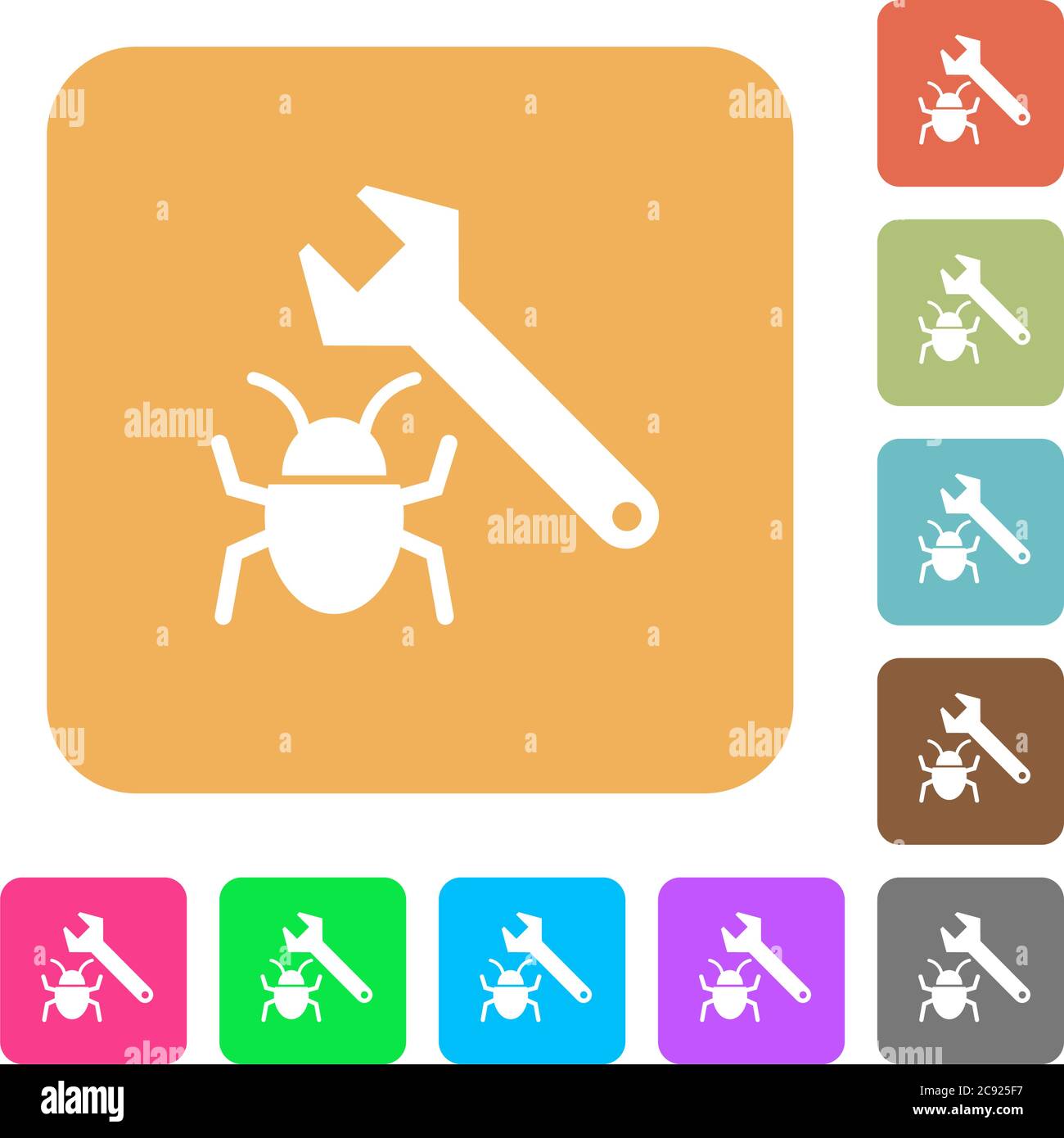 Bug fixing flat icons on rounded square vivid color backgrounds. Stock Vector