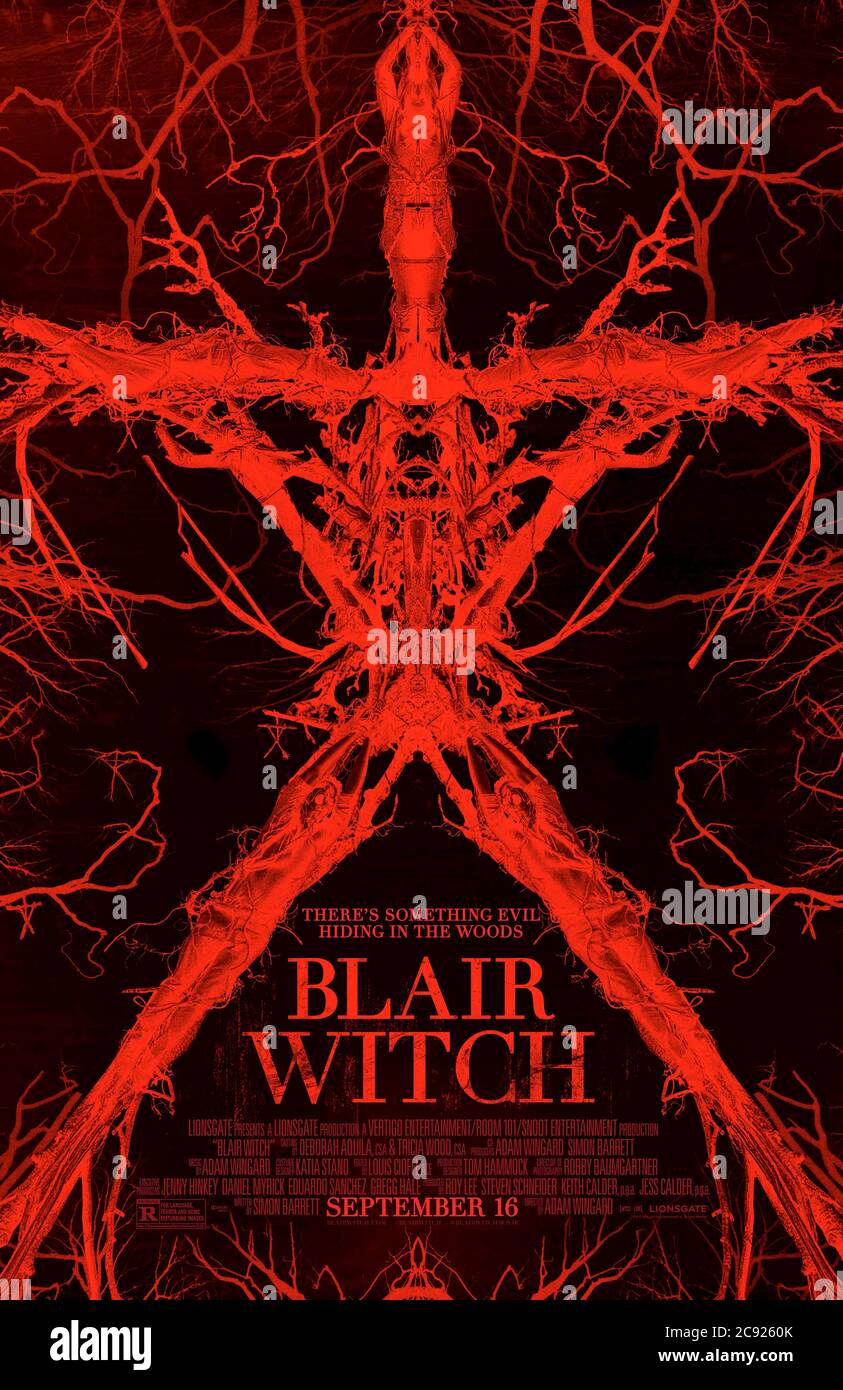 Blair Witch (2016) directed by Adam Wingard and starring James Allen McCune, Callie Hernandez, Corbin Reid and Brandon Scott. Found footage supernatural sequel where a group of friends enter the forest in search of the Blair Witch; bad idea. Stock Photo