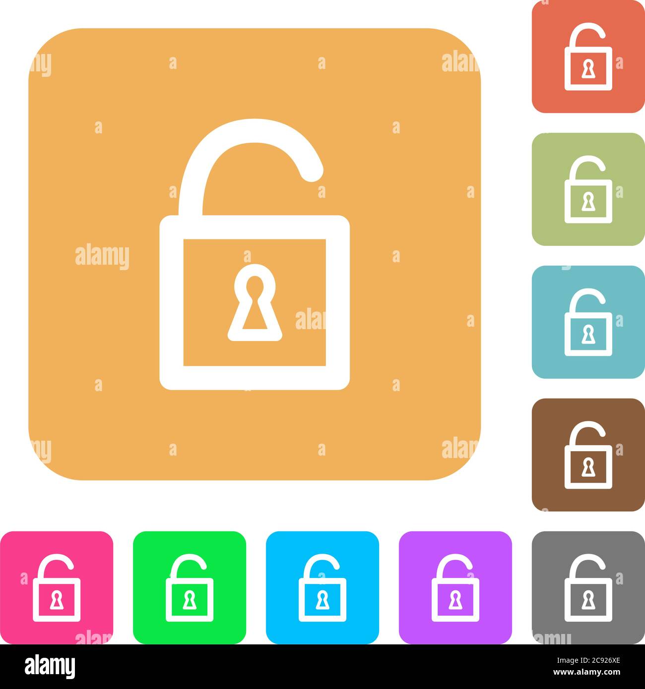 Unlocked padlock flat icons on rounded square vivid color backgrounds ...