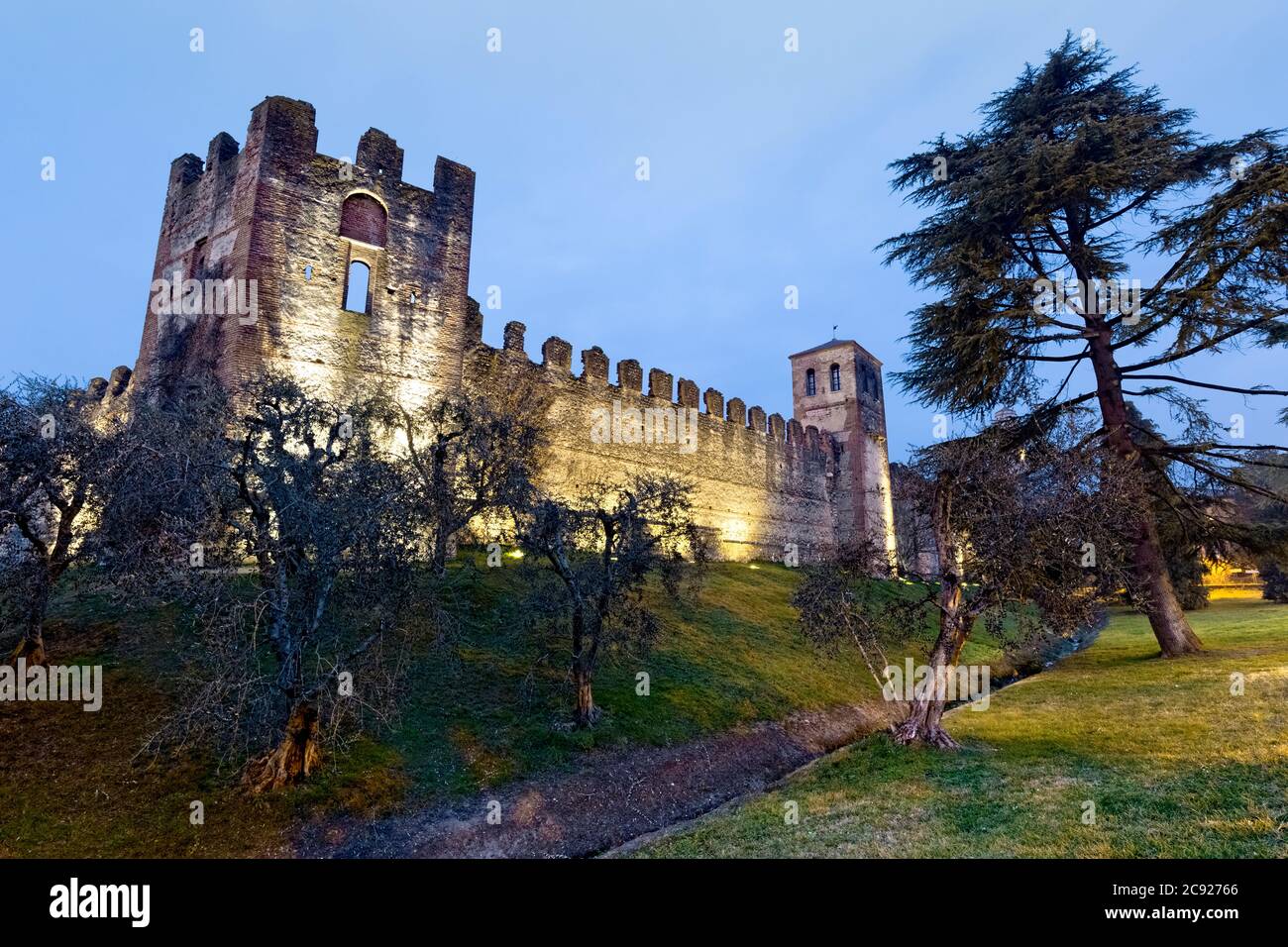 Towers of the walled town of Lazise. Lake Garda, Verona province, Veneto, Italy, Europe. Stock Photo