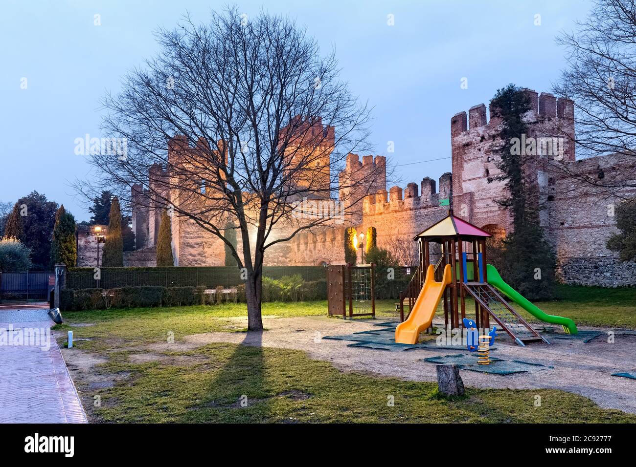 Towers of the walled town of Lazise. Lake Garda, Verona province, Veneto, Italy, Europe. Stock Photo