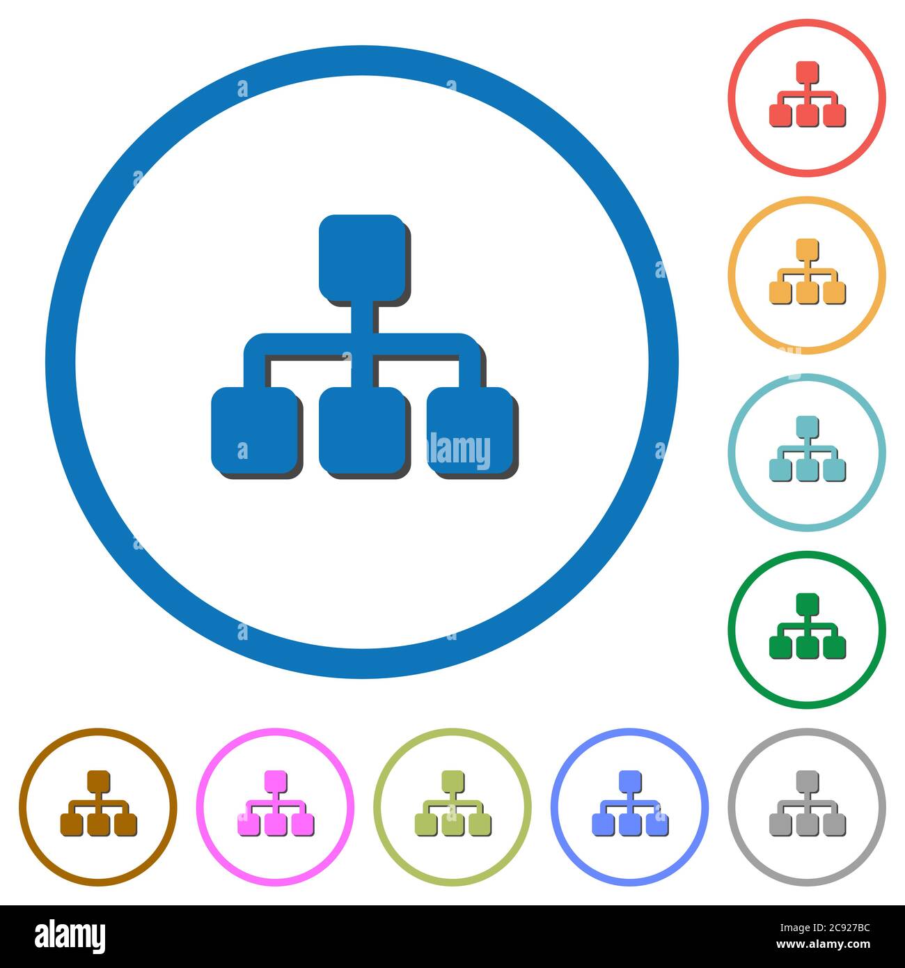 Network flat color vector icons with shadows in round outlines on white ...