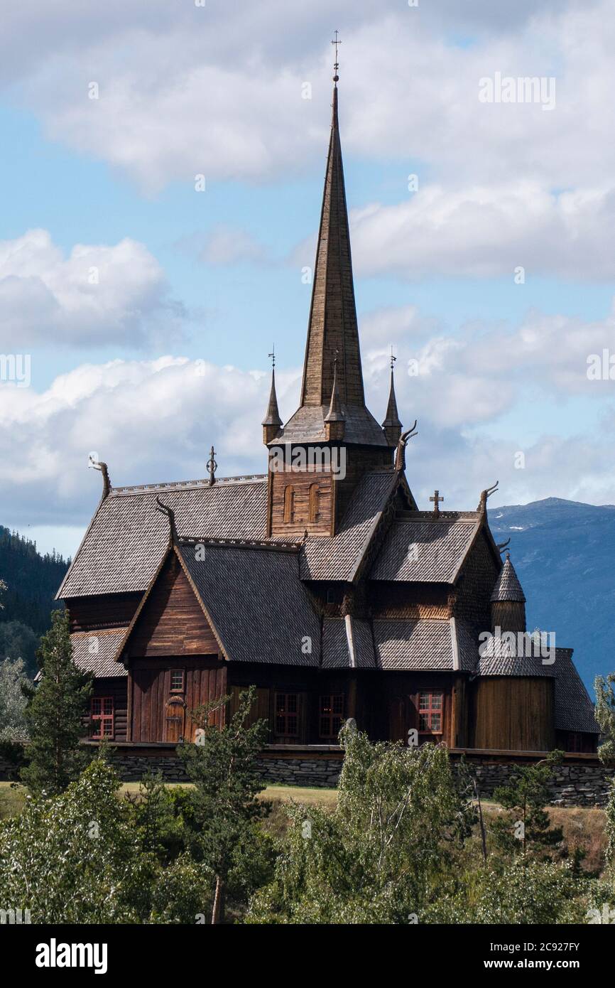 Medieval wooden Lomskyrkja/ Lom Stavechurch/Lom Stabkirche as seen from Lom village center, Fossbergom Stock Photo