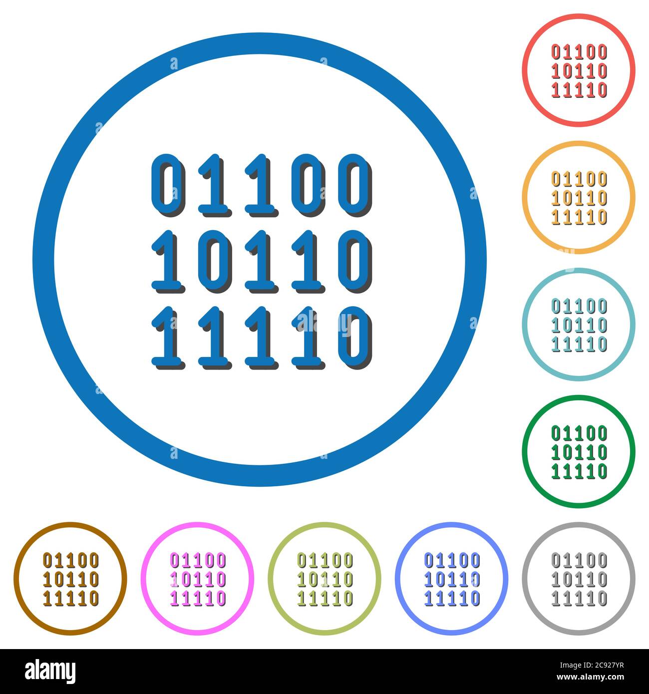 Binary code flat color vector icons with shadows in round outlines on ...