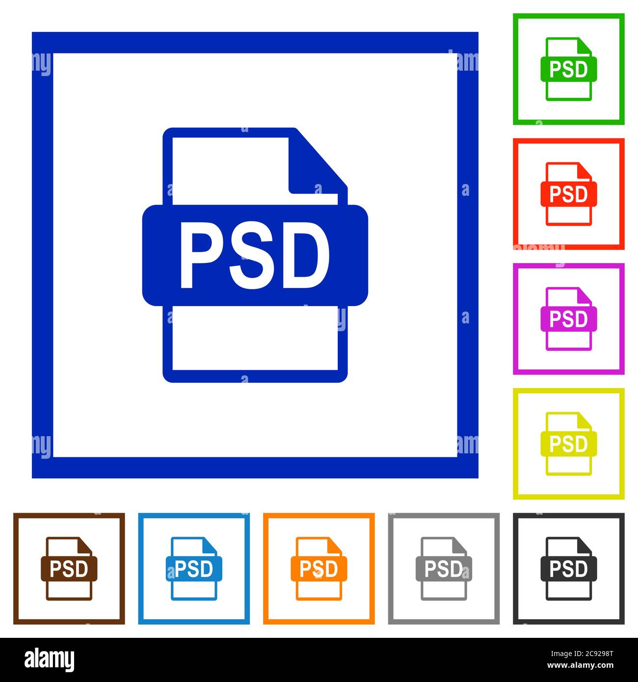 PSD file format flat color icons in square frames on white background Stock Vector