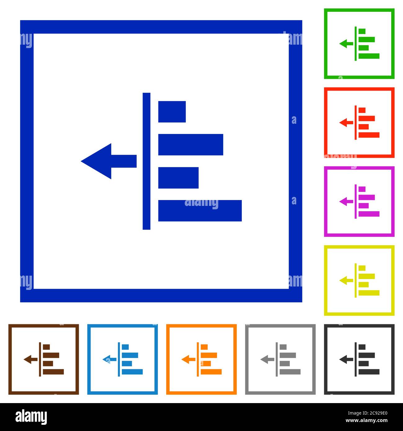 Decrease left indentation of content. Flat color icons in square frames on white background. Stock Vector