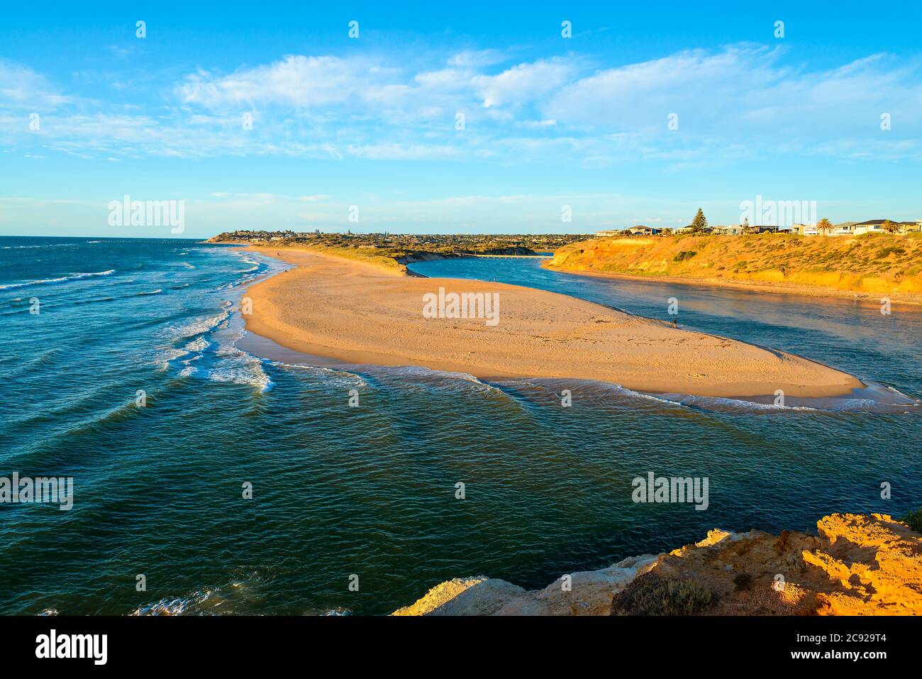 Onkaparinga River Mouth at Port Noarlunga South viewpoint during sunset Stock Photo