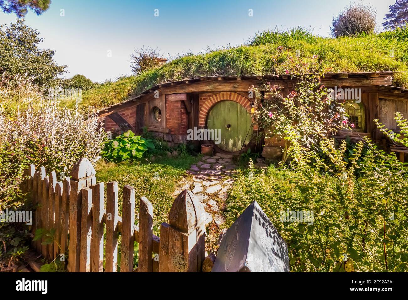 Hobbiton - landscape New Zealand, the place, where hobbits live in their holes. Stock Photo
