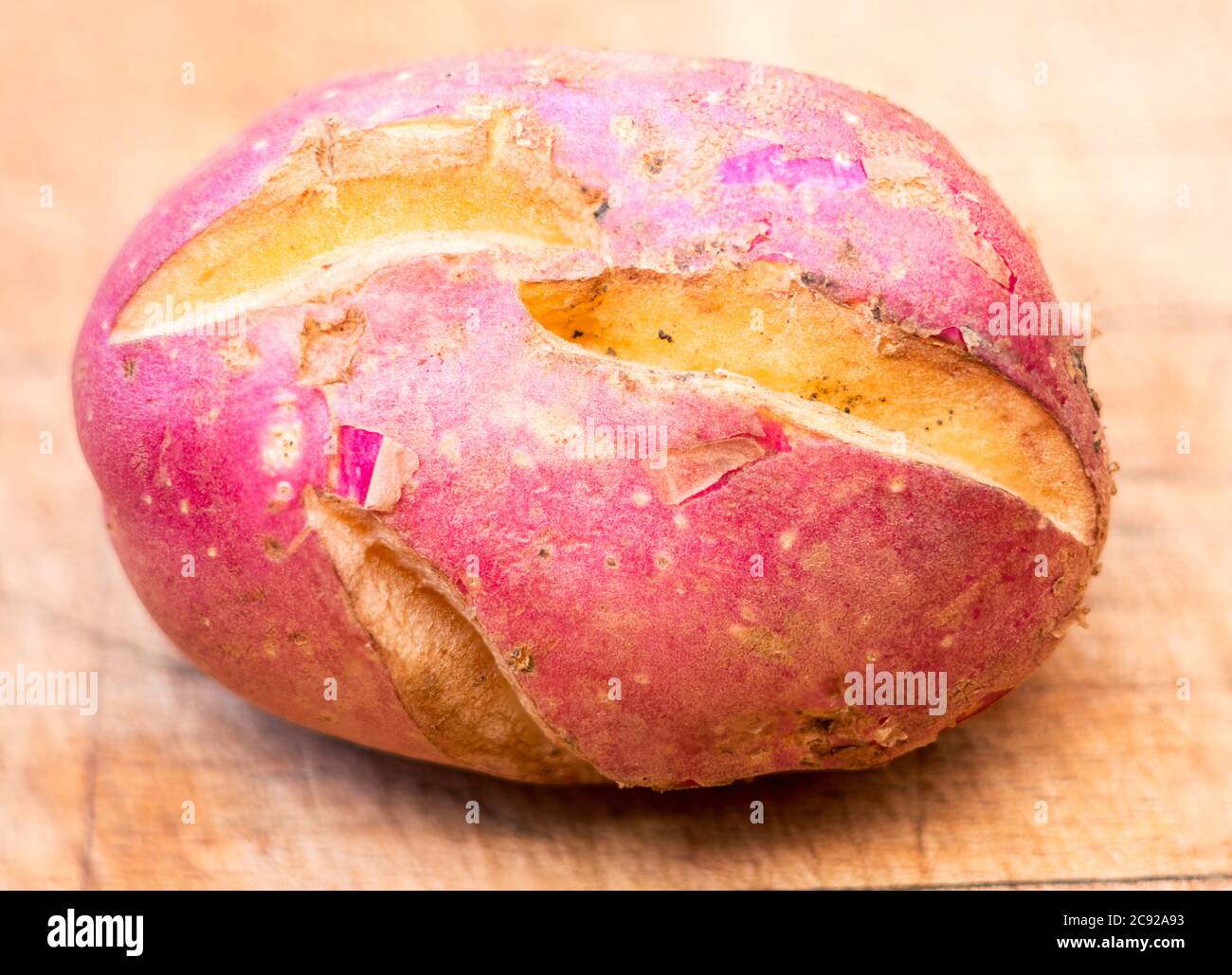 Potato tuber with growth cracks, variety red rooster. Stock Photo