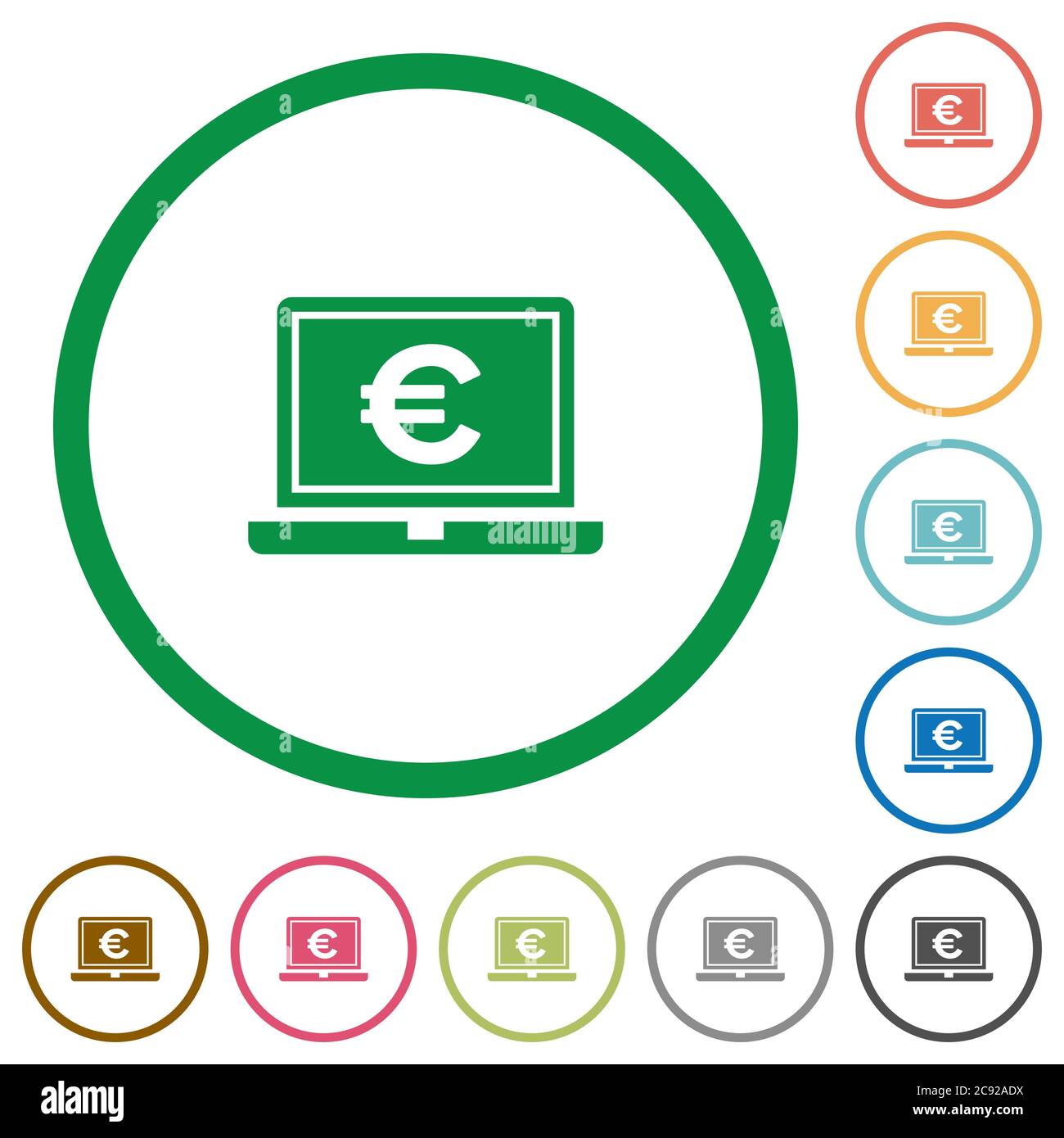 Laptop with Euro sign flat color icons in round outlines on white ...