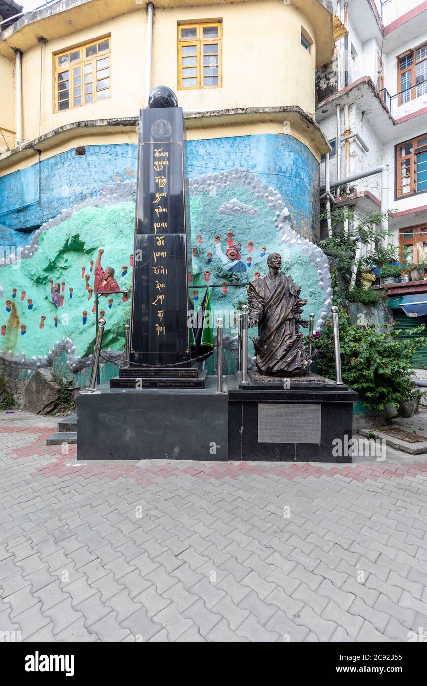 Painting and sculptures outside the Tibetan museum inside the Buddhist temple of Dalai Lama in norther India Stock Photo