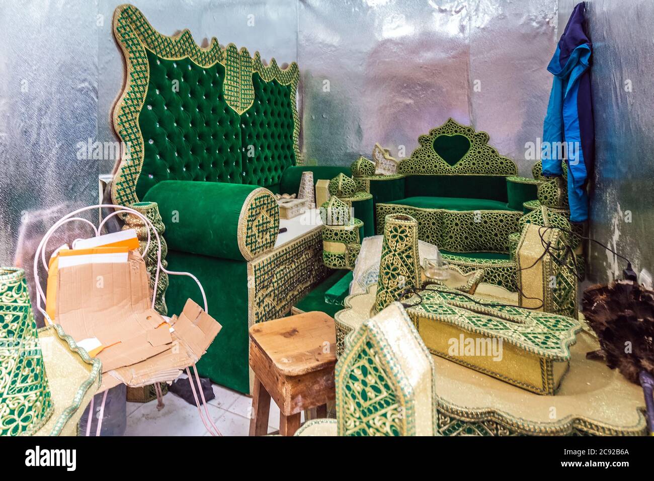Selection of wooden furniture on a traditional Moroccan market of Fes,  Morocco Stock Photo - Alamy