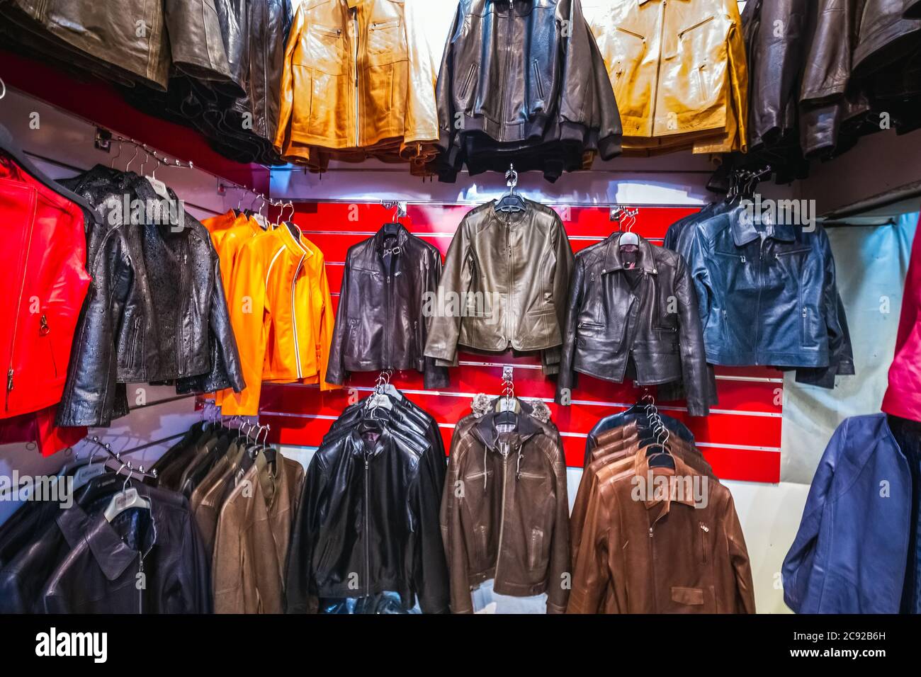 Moroccan leather jackets at a shop in a traditional tanneries Medina of Fez Morocco Stock Photo Alamy