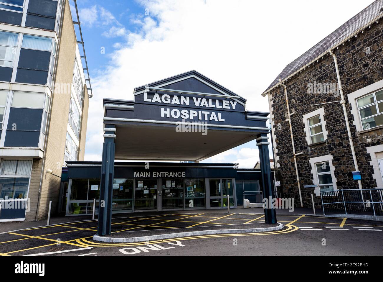 General view of Lagan Valley Hospital in Lisburn which is to become Northern Ireland's first day procedure centre to allow procedures to continue during a potential second spike of Covid-19 cases in the autumn. A rejig of some hospital services in Northern Ireland has been announced amid the continuing coronavirus pandemic. Stock Photo