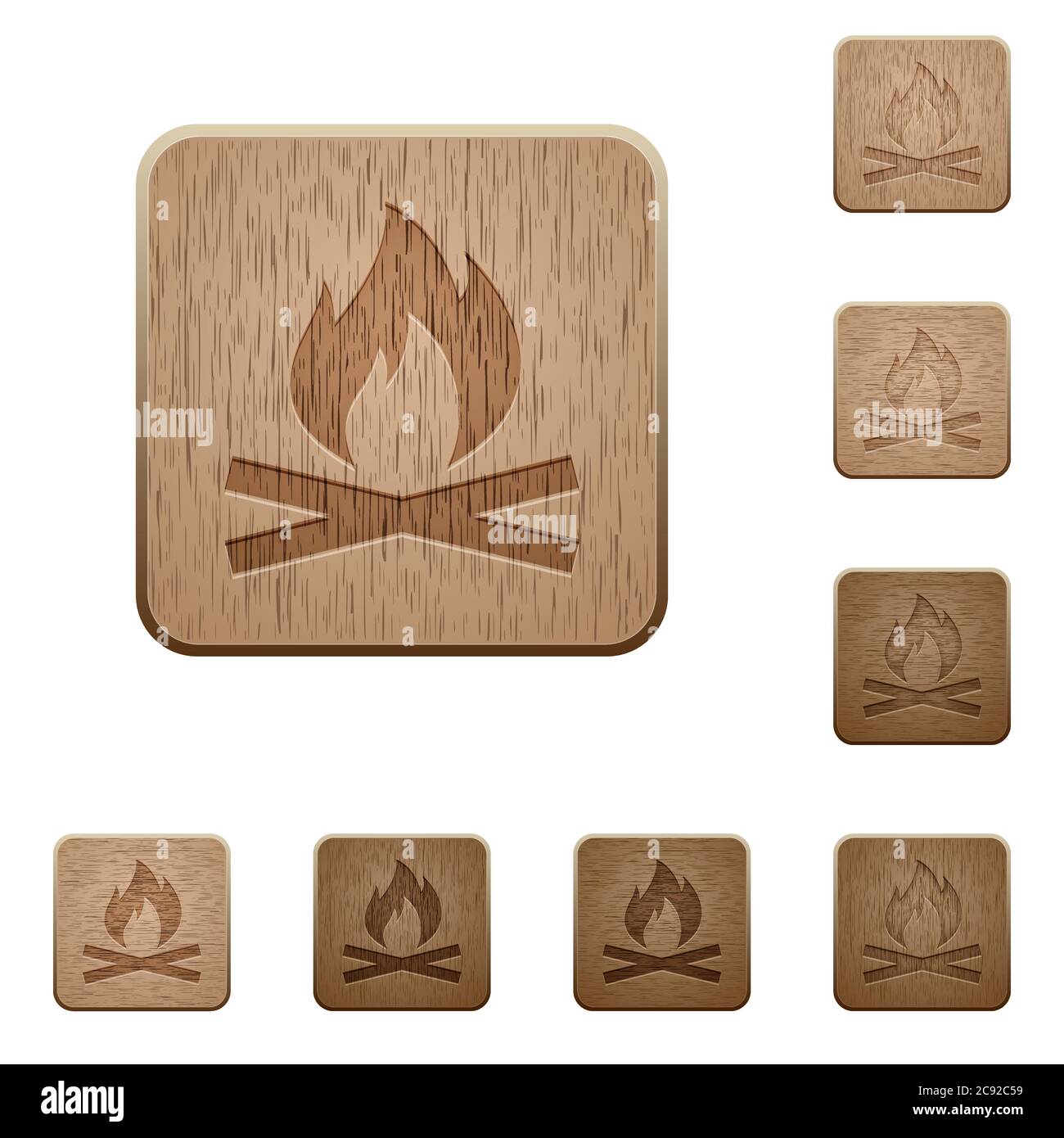 Camp fire on rounded square carved wooden button styles Stock Vector