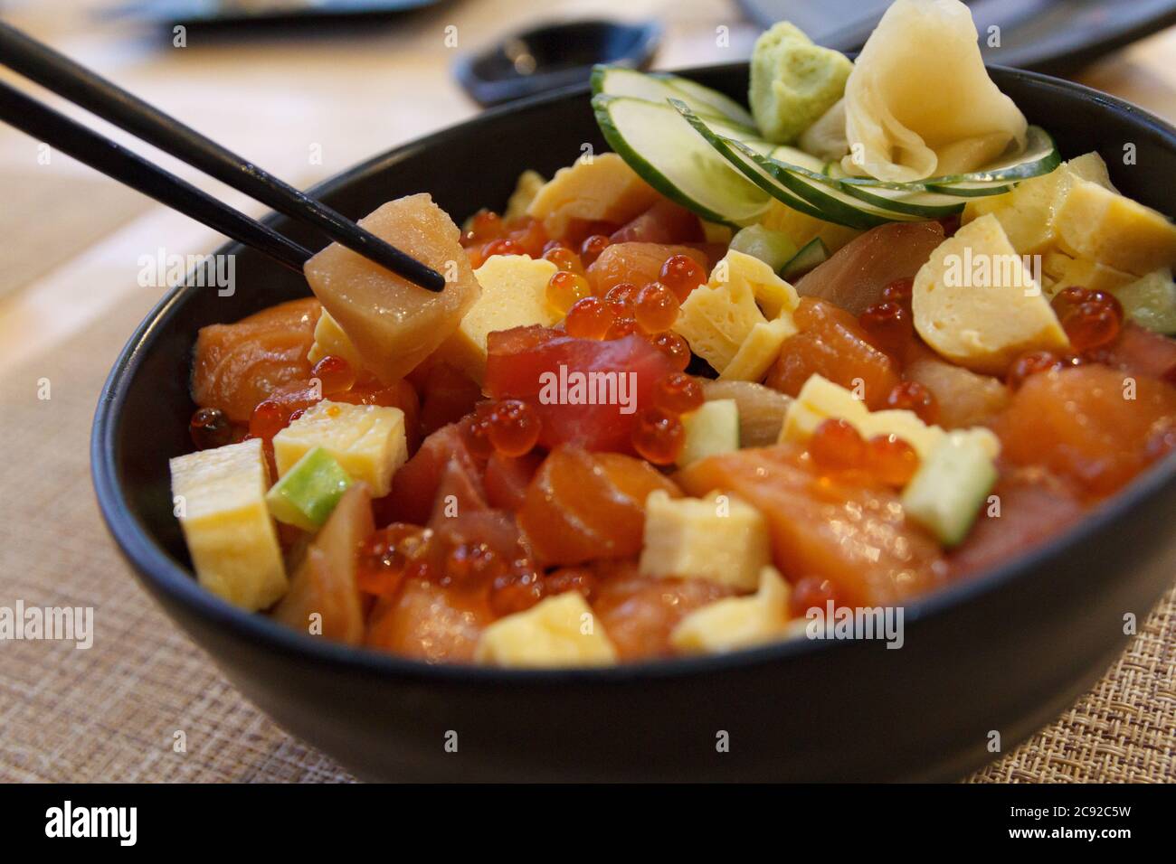 Japanese food. Closeup rice of Salmon, tuna ,Tekka Don Stock Photo Alamy