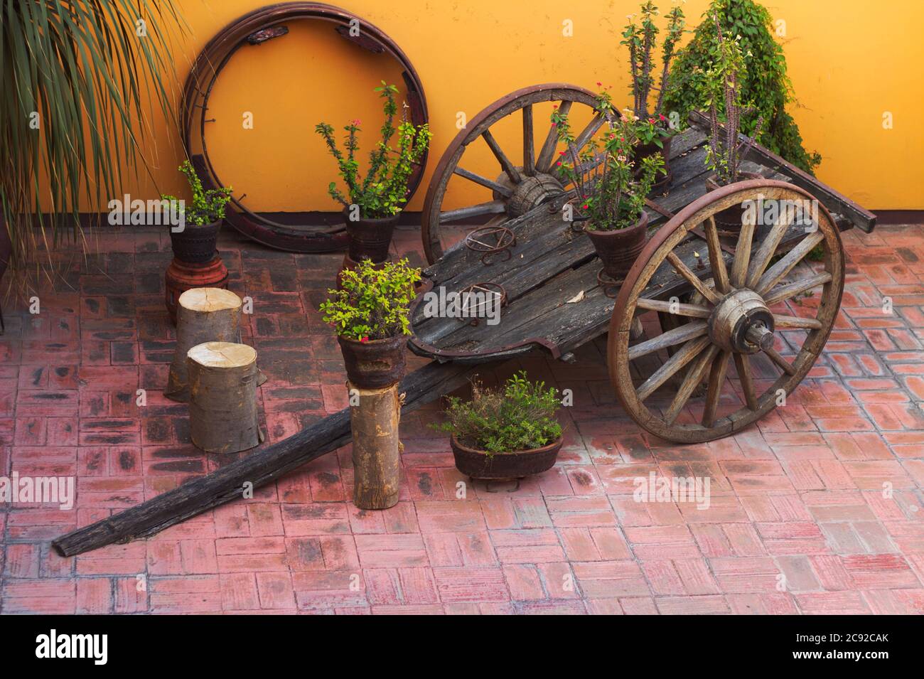 Old decorative wooden cart with big wheels Stock Photo Alamy