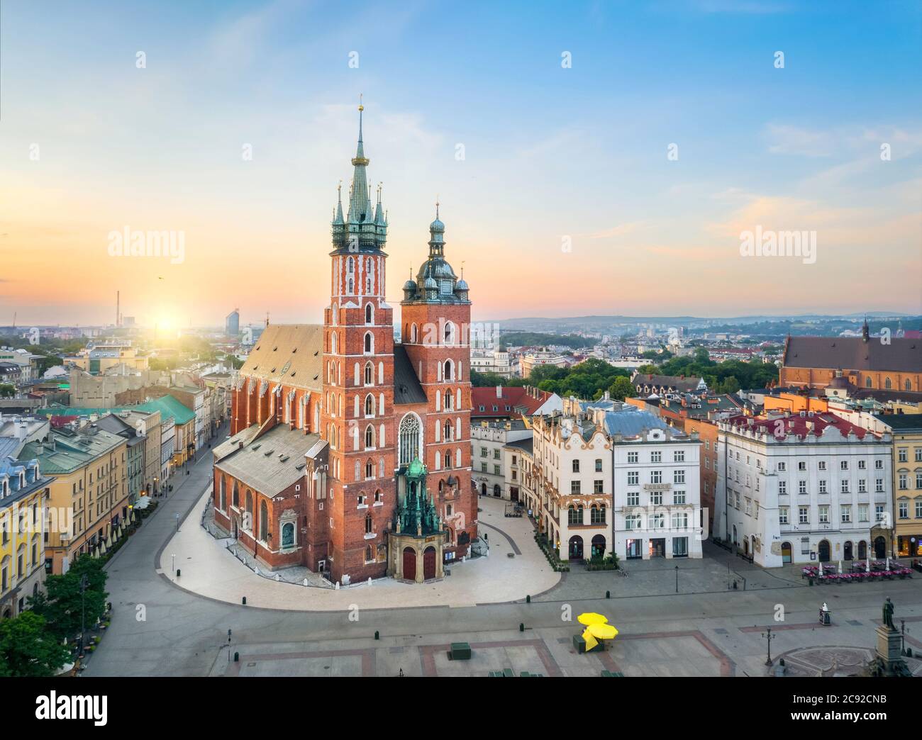 Krakow, Poland. Aerial view of St. Mary's Basilica (Bazylika Mariacka) on sunrise Stock Photo