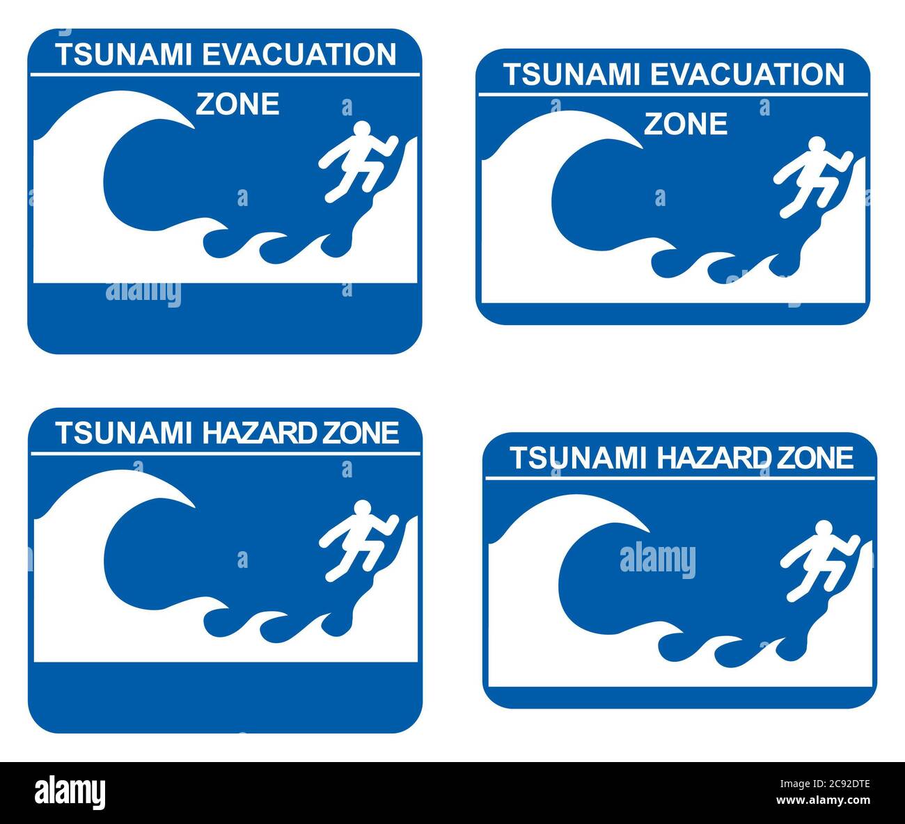 Tsunami warning signs showing evacuation and hazard zones Stock Photo