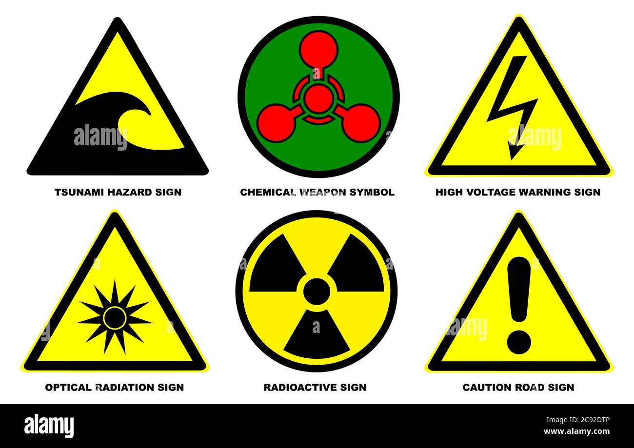 Set of official international hazard warning signs Stock Photo