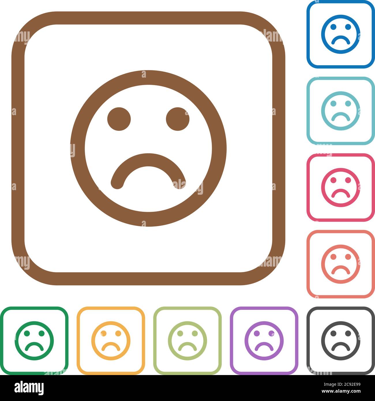Sad emoticon simple icons in color rounded square frames on white ...
