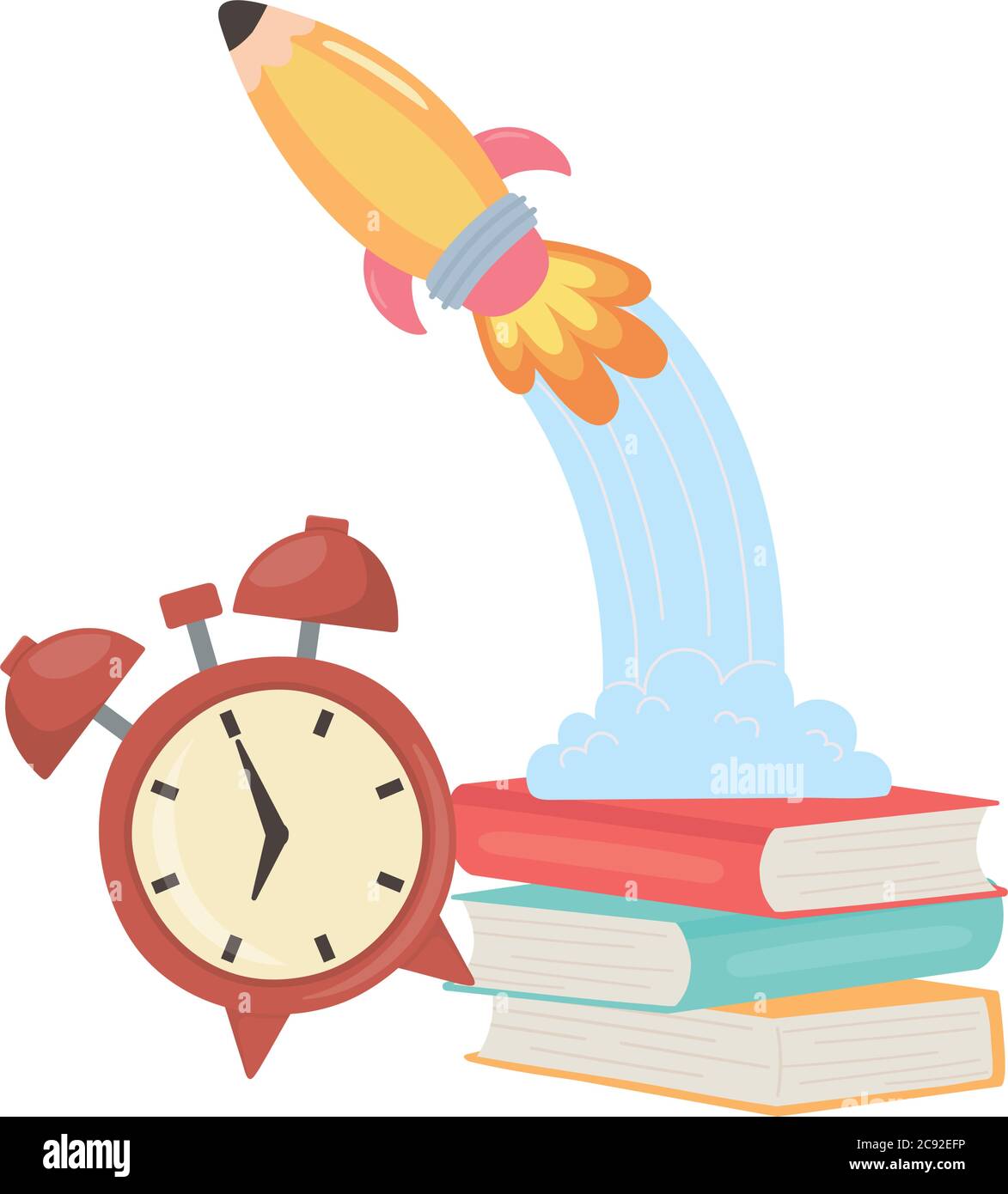 back to school, books alarm clock and rocket education cartoon vector ...