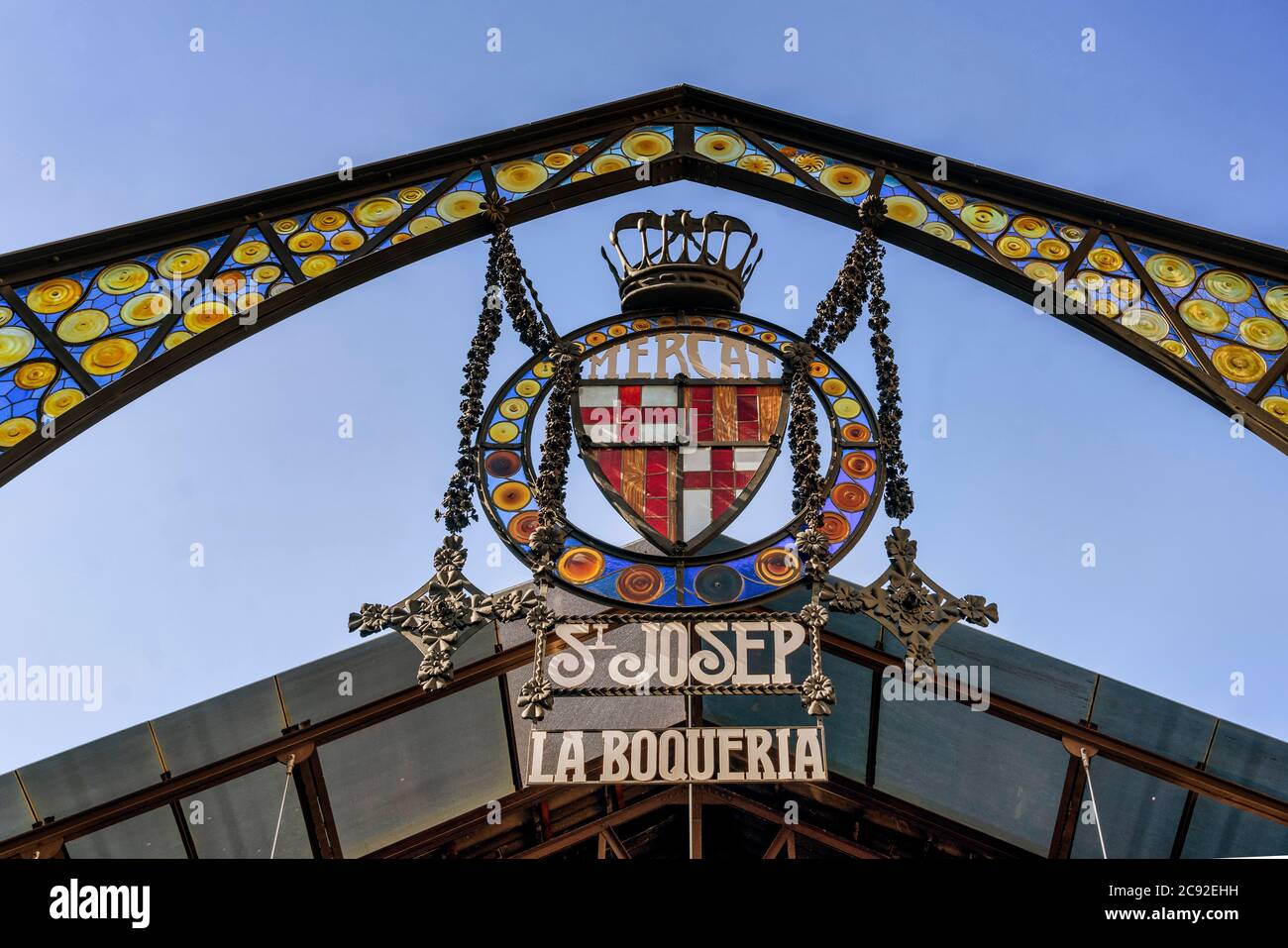 La Boqueria Lebensmittelmarkt Eingangsschild, Barcelona, Katalonien, Spanien Stock Photo