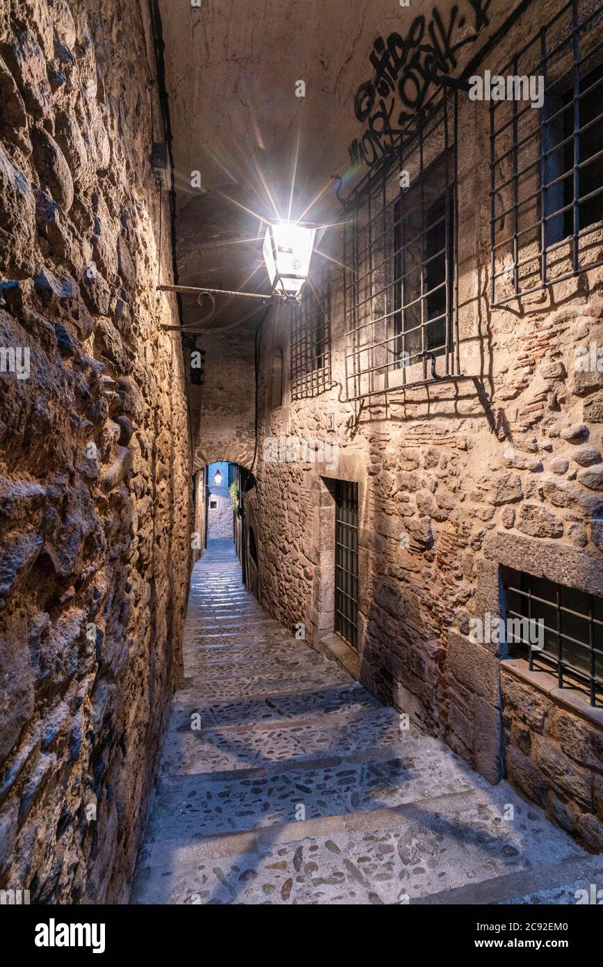 Jewish Quarter in the city of Girona, stone stairs, alleys in the old town of Girona, Cataluña, Gerona, Catalonia, Spain Stock Photo