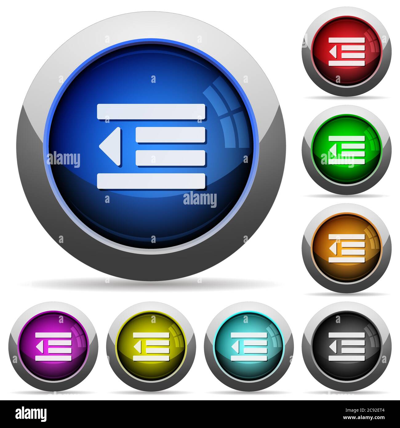 Decrease text indentation icons in round glossy buttons with steel frames Stock Vector