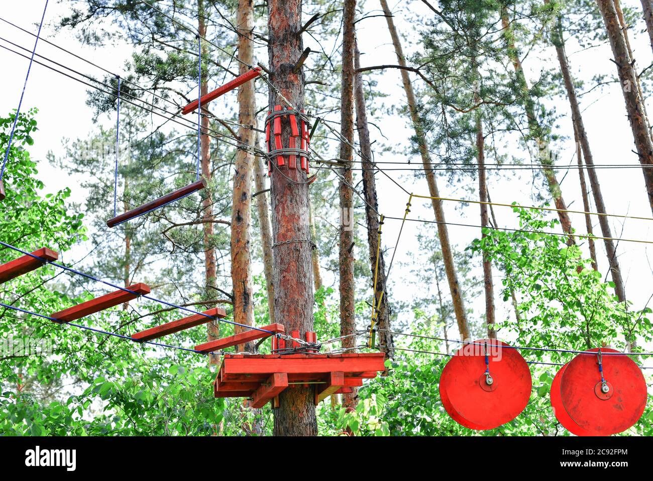 Rope town. Active family vacation in the open air. Elements of a rope ...