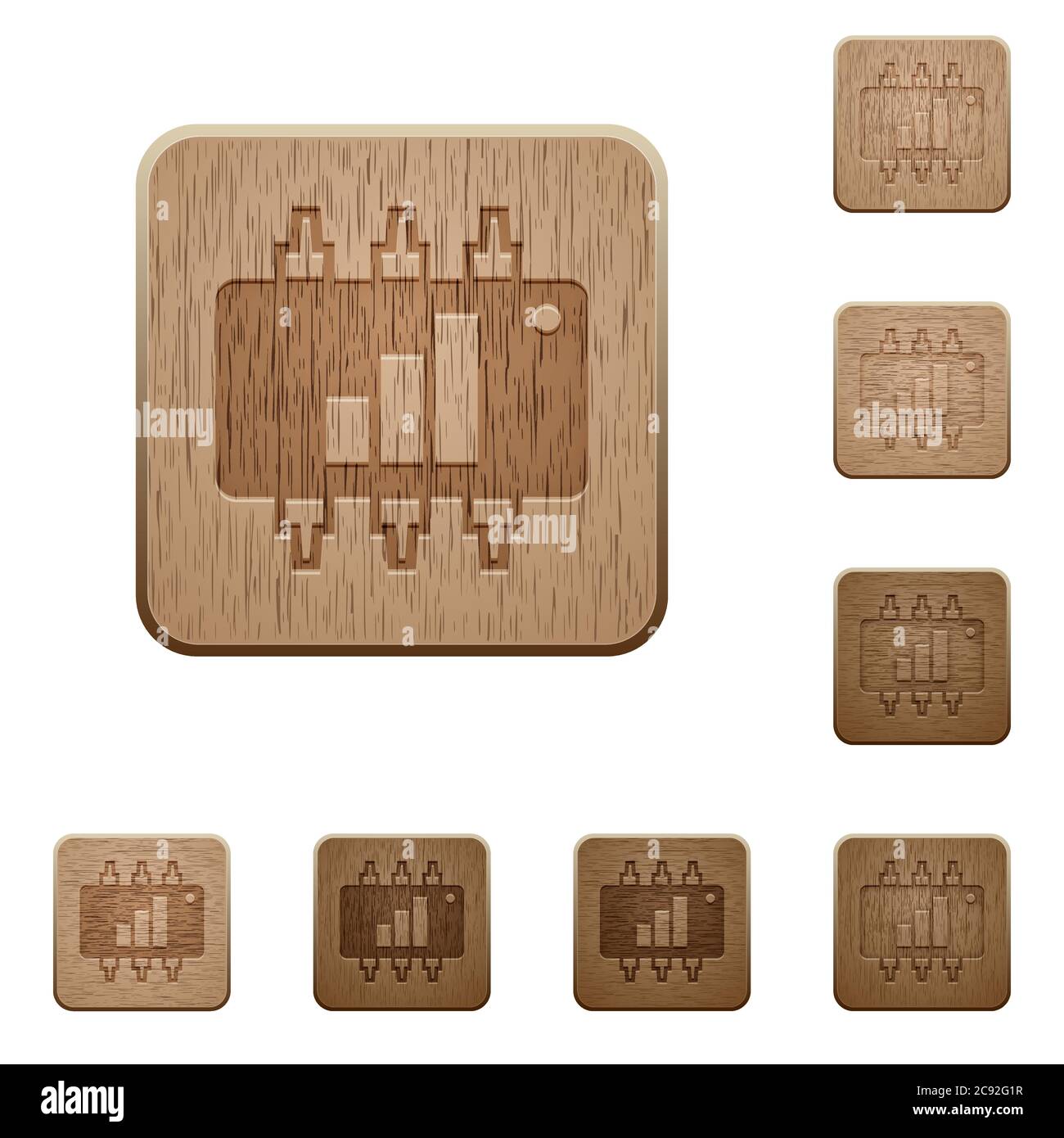 Hardware acceleration on rounded square carved wooden button styles Stock Vector