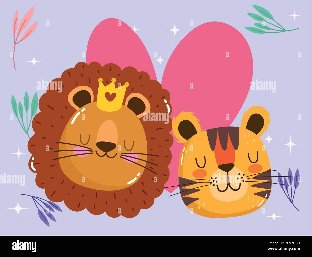 cute cartoon animals adorable faces tiger and lion with crown vector ...