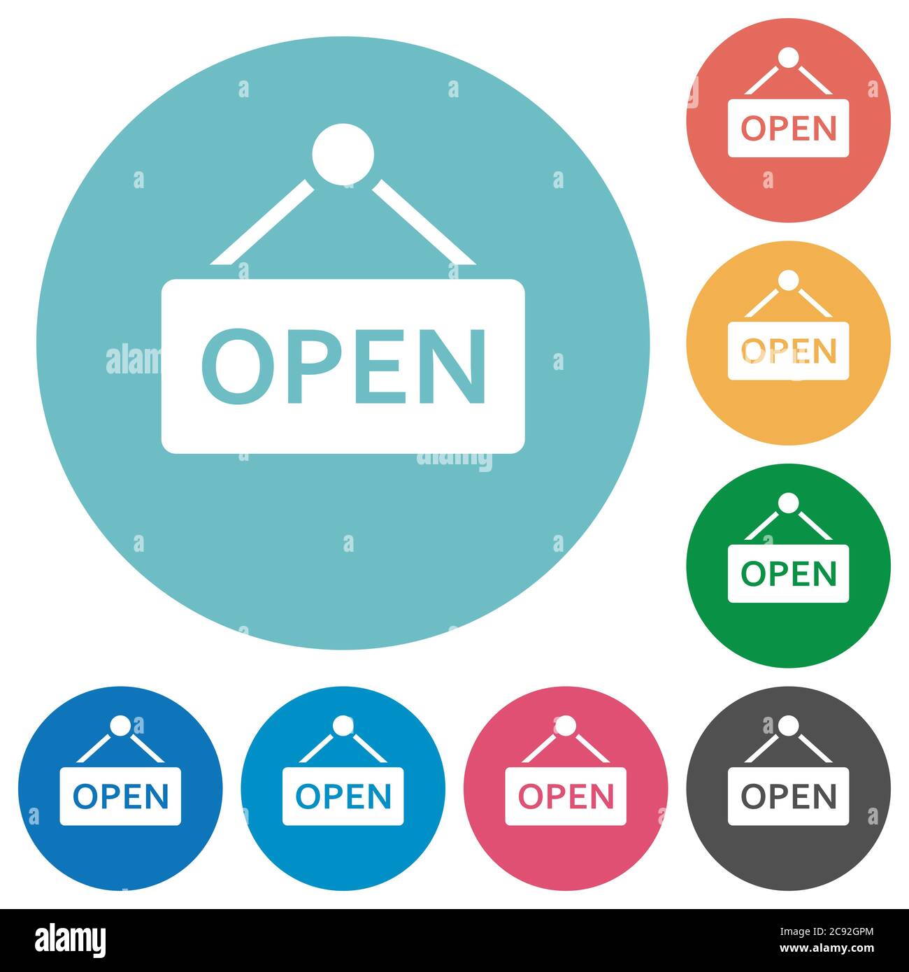 Open sign flat white icons on round color backgrounds Stock Vector ...