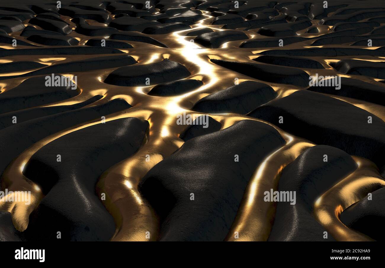 An abstract concept showing molten gold metal flowing through crevices ...