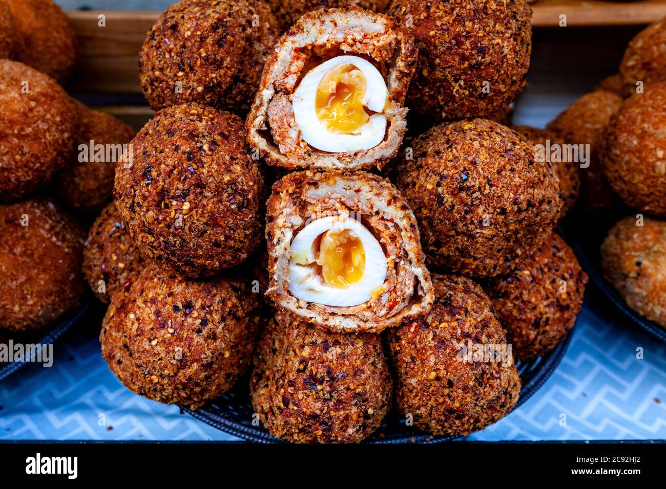 Traditional Scotch Eggs For Sale On A Market Stall, London, England Stock Photo Alamy