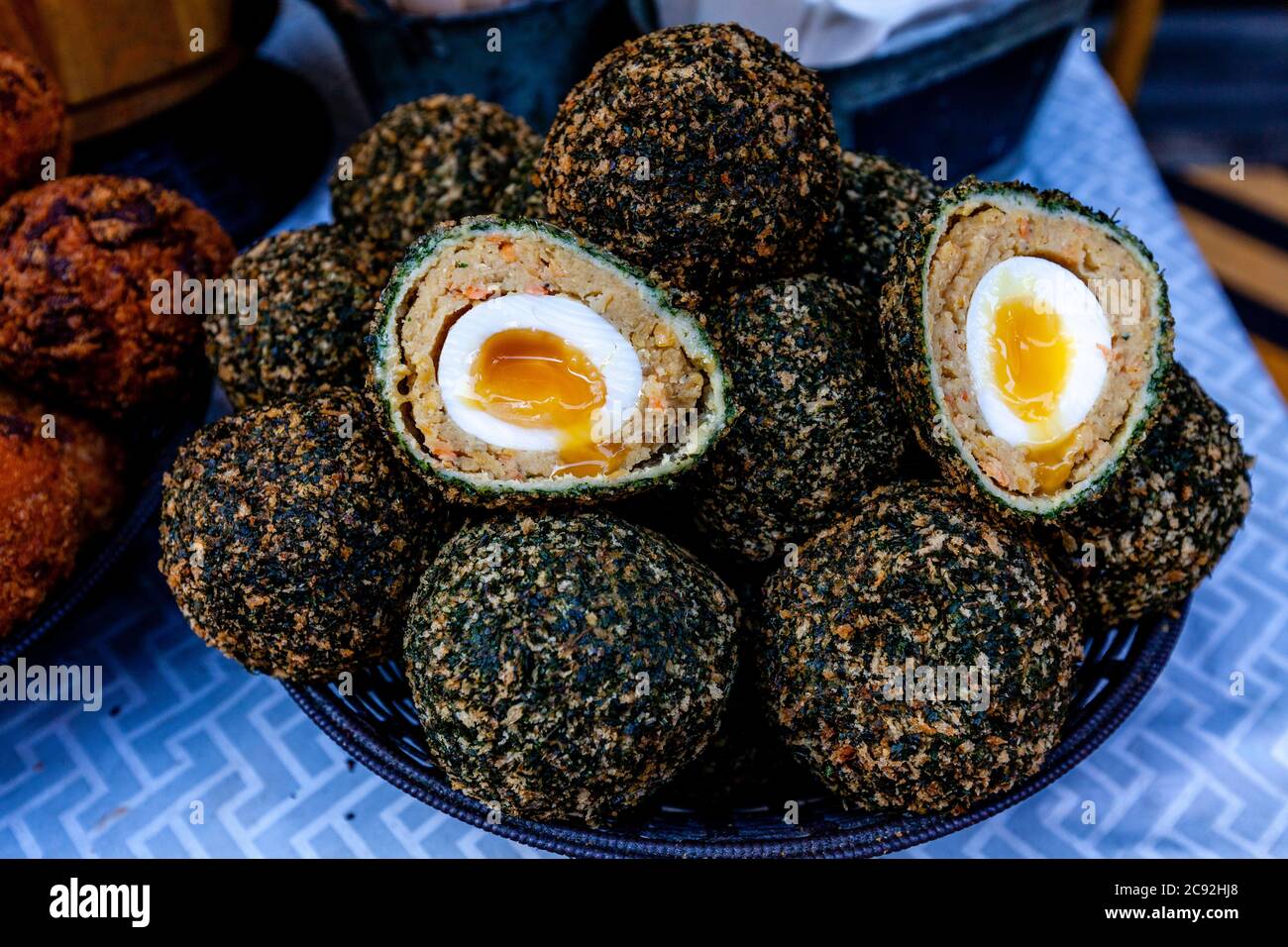 Traditional Scotch Eggs For Sale On A Market Stall London England