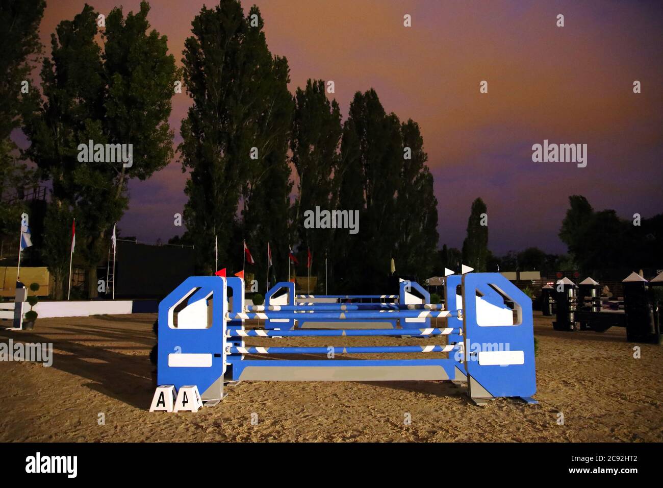 Long Races Barriers Equitation obstacles barriers at horse jumping racetrack by night Stock ...