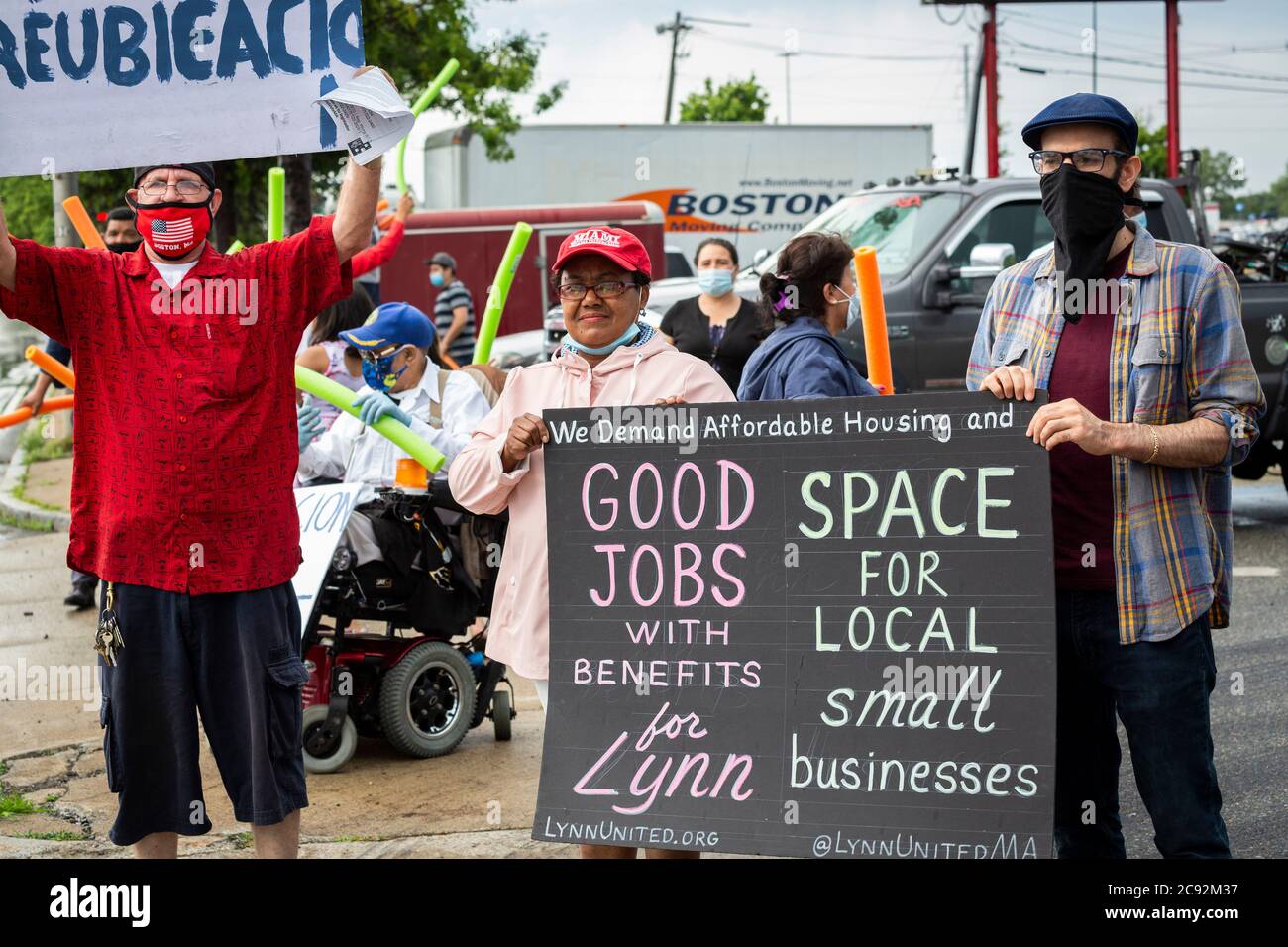 June 28, 2020. Lynn, MA. The Lynn Way Merchants Association protests at the LynnMart. A motorcade called the Cancel Evictions Caravan drove by 24 ap Stock Photo