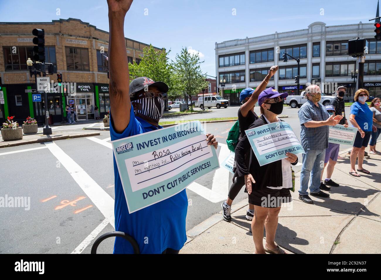 July 16, 2020. Lynn, MA. Raise Up Massachusetts to Launch ‘Invest in Our Recovery’ Campaign With State Wide Demonstrations. Community, Faith, & Labor Stock Photo