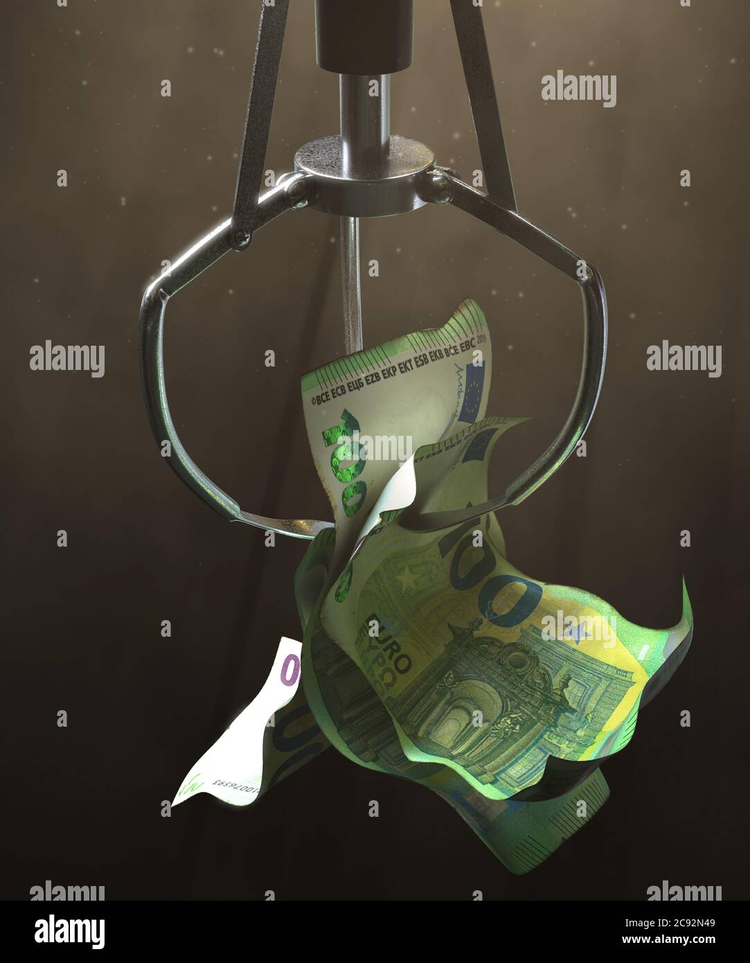 A robotic claw from an arcade type game gripping a wad of creased euro banknotes on a dark moody background - 3D render Stock Photo