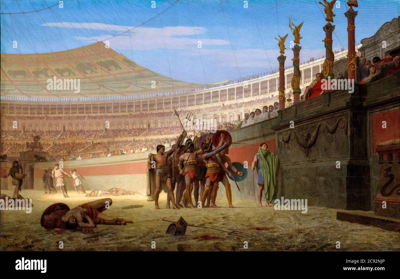 Roman Gladiators in the Arena (Hail Caesar! We Who Are about to Die Salute You), painting by Jean Léon Gérôme, 1859 Stock Photo