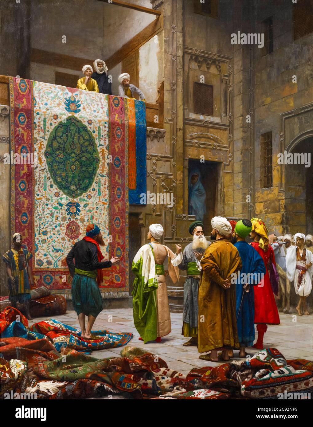 Jean Léon Gérôme, painting, The Carpet Merchant (Rug Market, Cairo, Egypt), circa 1887, French Orientalism Stock Photo