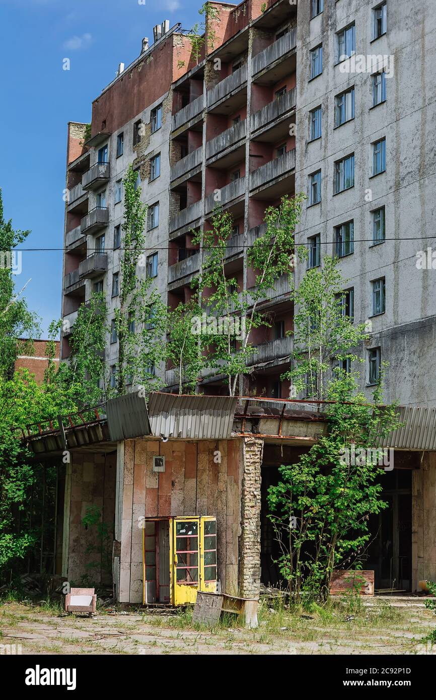 Abandoned buildings and phonebox in the centre of ghost town Pripyat