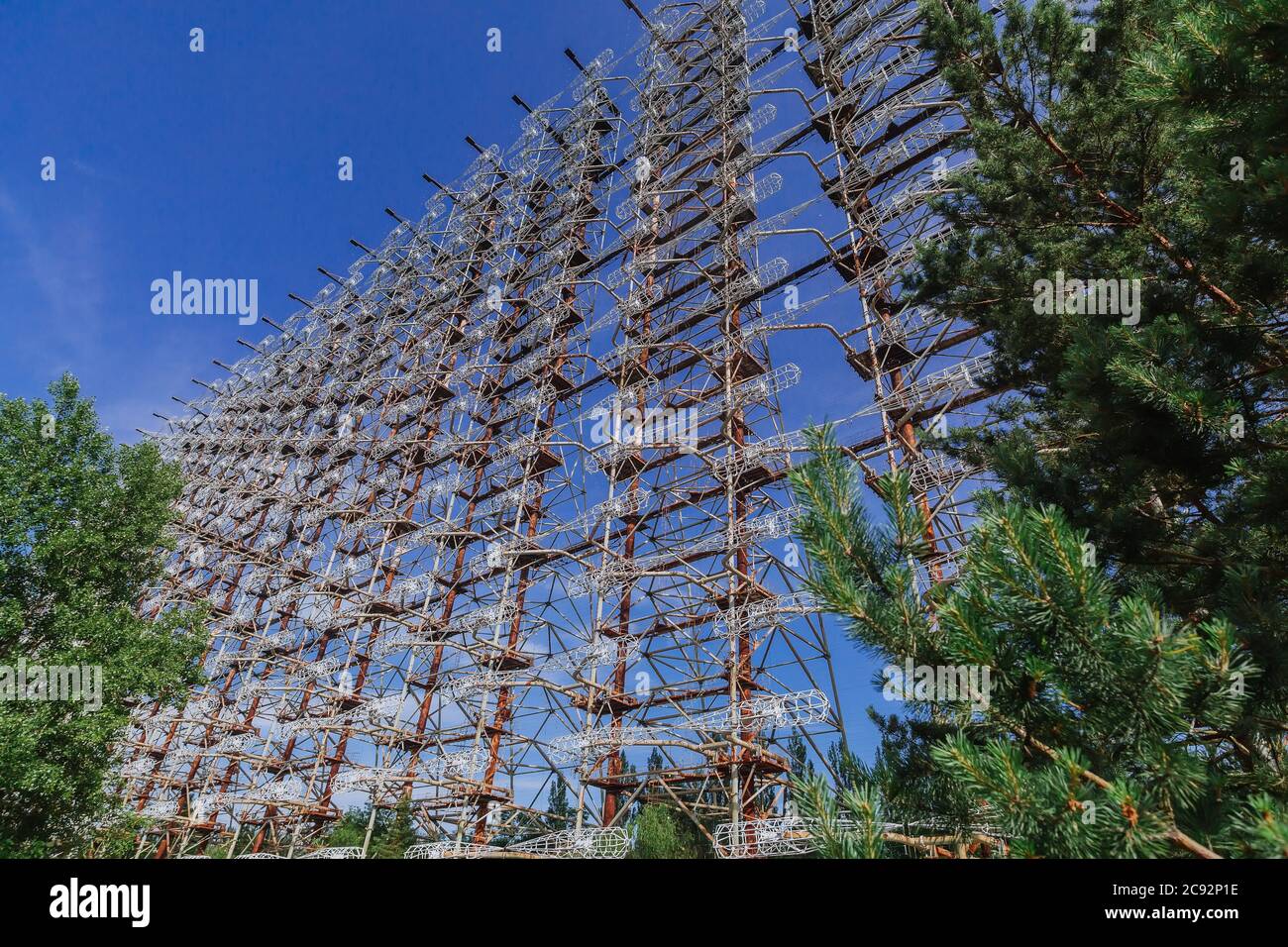 Former military Duga radar system near ghost town Pripyat in Chernobyl Exclusion Zone, Ukraine Stock Photo