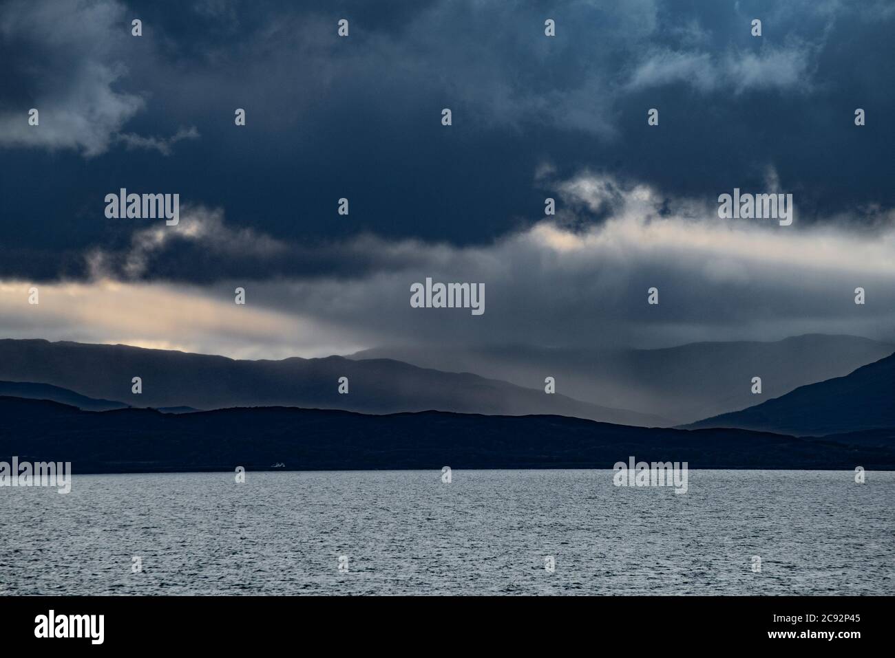Storm clouds and showers on the Isle of Mull, Scottish Inner Hebrides near Oban, Argyll and Bute. Stock Photo