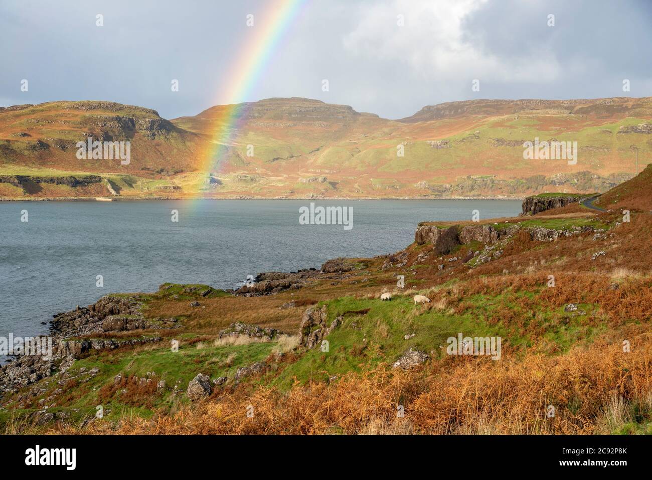 Rainbow over Calgary Bay, Calgary, Isle of Mull, Argyll and Bute, Scotland, United Kingdom. Stock Photo